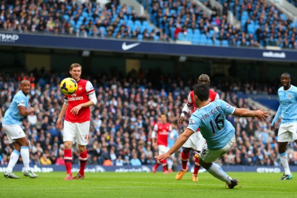 Kun Aguero's First-half Volley Against Arsenal on Sunday Was His 13th League Goal of the Season. 