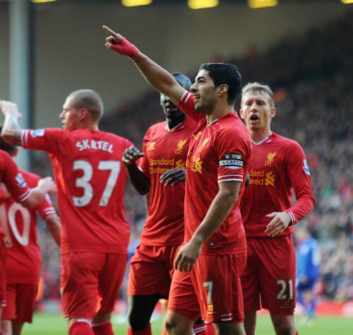 Suarez Celebrates His Goal Against Cardiff.