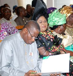 President Goodluck Jonathan; his wife, Patience; mother of the President, Mrs Eunice Jonathan during a Memorial Service for the Late Nelson Mandela at Aso Villa Chapel, Presidential Villa, Abuja 