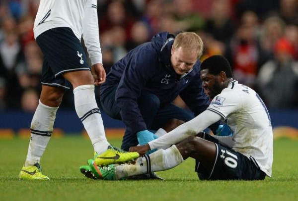 Getty Image. Adebayor Was Stretchered Off After Opening Scoring for His Club in Their 2-1 Win At Old Trafford.