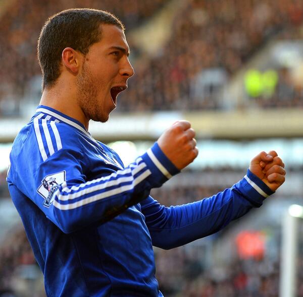 Eden Hazard Celebrates Scoring for Chelsea Against Stoke City.