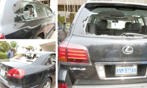 SOME OF THE VEHICLES DAMAGED BY HOODLUMS DURING A PRO-AMAECHI RALLY IN BORI, KHANA LOCAL GOVERNMENT AREA IN RIVERS STATE ... ON SUNDAY