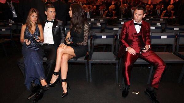 Ronaldo and His Russian Wife Irina Shayk Shares Joke On Arrival at the Zurich's Kongresshaus- Pictured By the Right is Fellow Golden Ball Nominee, Lionel Messi.