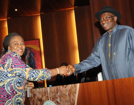 NEW SPECIAL ADVISER TO THE PRESIDENT  ON NEPAD, FIDELIA NJEZE   BEING CONGRATULATING BY PRESIDENT GOODLUCK JONATHAN AFTER TAKING OATH OF OFFICE AT THE PRESIDENTIAL VILLA IN ABUJA ON WEDNESDAY(12/2/14).