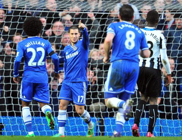 Eden Hazard Celebrates Scoring Against Newcastle.