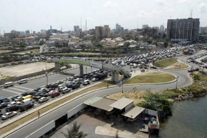 Traffic passes through the road leading to the free trade zone in Victoria Island in Nigeria's commercial capital Lagos