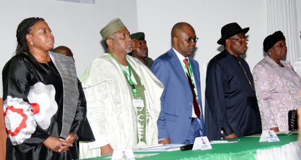 PRESIDENT GOODLUCK JONATHAN (SECOND RIGHT), MRS BENSAODA (LEFT); COL DASUKI (SECOND LEFT); MINISTER OF JUSTICE MOHAMMED ADOKE (SAN); AND CHIEF JUSTICE OF NIGERIA, JUSTICE ALOMA MUKTHAR (RIGHT) AT THE SEMINAR IN ABUJA...YESTERDAY.