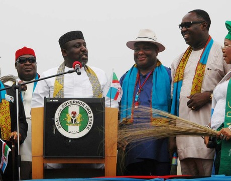 FROM LEFT: FORMER GOVERNOR OF ANAMBRA, SEN. CHRIS NGIGE; GOV. ROCHAS OKOROCHA OF IMO; FORMER PDP SENATOR REPRESENTING ORLU WEST, SEN. OSITA IZUNASO; FORMER NATIONAL SECRETARY, ALL NIGERIA PEOPLES PARTY (ANPP), CHIEF GEORGE MOGHALU AND OTHERS AT THE ALL PROGRESSIVES CONGRESS (APC) REGISTRATION IN ORLU ON THURSDAY (6/2/14). 