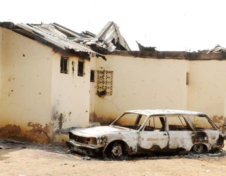 A VEHICLE AND OTHER EQUIPMENT AT NIGERIAN POLICE DIVISIONAL HEADQUARTERS AT SORO, GANJUWA LOCAL GOVERNMENT AREA OF BAUCHI STATE DESTROYED BY UNKNOWN GUNMEN ON MONDAY MORNING (3/2/14).
