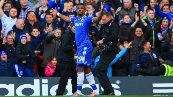Eto'O Celebrates His Opener Against Arsenal, But Suffered a Seemingly Hamstring Ping Moments Later.