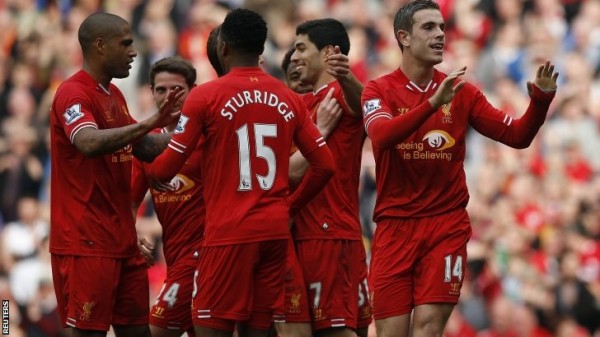 Liverpool Players Celebrates Goal Against Tottenham Hotspur at Anfield.