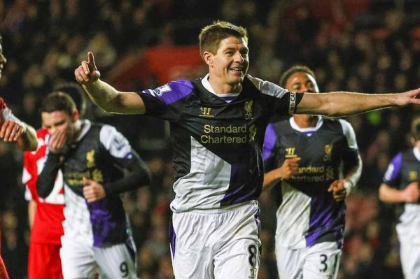 Steven Gerrard Celebrates Scoring in Liverpool's Win at Southampton.