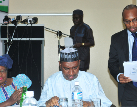 FROM LEFT: MINISTER OF FINANCE AND COORDINATING MINISTER OF ECONOMY, DR NGOZI OKONJO-IWEALA; SUPERVISING MINISTER OF NATIONAL PLANNING, AMB. BASHIR YUGUDA AND STATISTICIAN-GENERAL OF THE FEDERATION, DR YEMI KALE, AT THE   NEWS CONFERENCE ON REBASING OF NIGERIA'S  GSP IN ABUJA ON SUNDAY (6/4/14).