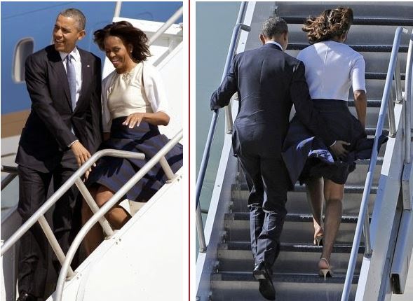 Pics: Pres. Obama stops Michelle's skirt from blowing up 