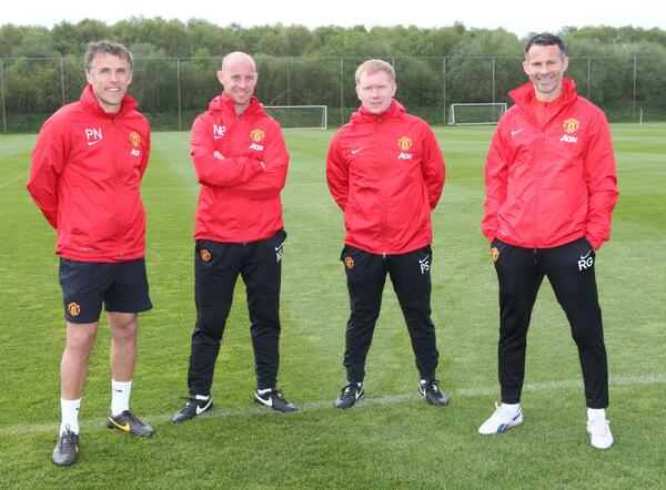 'Class of 92': Ryan Giggs, Paul Scholes, Nicky Butt and Phil Neville at Carrington. Image Credit: Twitter @ManUtd