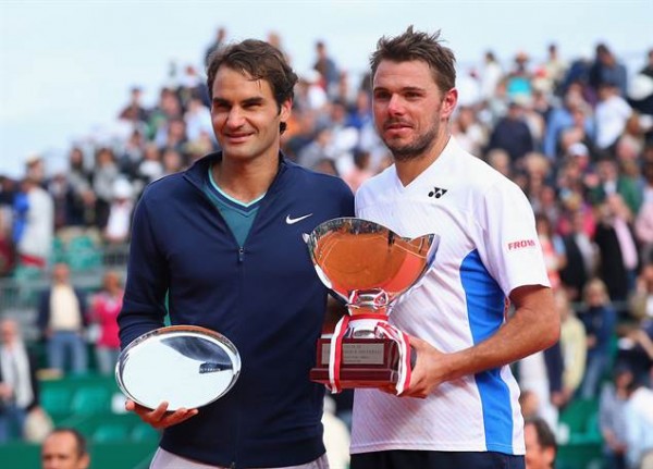 Roger Federe and Stanislas Wawrinka Pose for a Photograph After Their Sunday Morning Monte Carlo Final