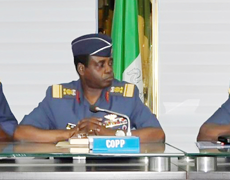 REPRESENTATIVE OF THE CHIEF OF AIRCRAFT ENGINEERING, AIR COMMODORE KAYODE BECKLEY; CHIEF OF AIR STAFF, AIR MARSHAL ADESOLA AMOSU AND CHIEF OF POLICY AND PLANS, AVM JAMES GBUM, AT A MEDIA BRIEFING ON COMMEMORATION OF THE 50TH ANNIVERSARY OF THE NIGERIAN AIR FORCE IN ABUJA LAST MONTH