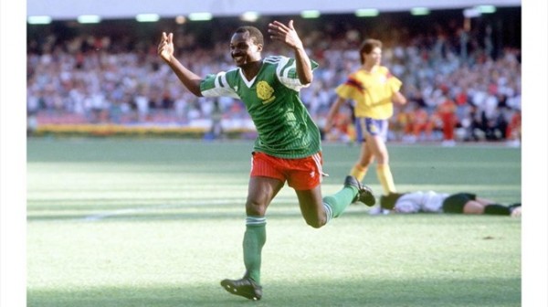 Roger Miller Celebrates Scoring for Cameroon at the USA 94 World Cup.