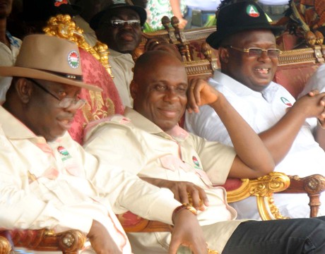 FROM LEFT: RIVERS NLC CHAIRMAN, MRCHRIS ORUGE; GOV. CHIBUIKE AMAECHI AND CHAIRMAN, RIVERS TRADE UNION CONGRESS, MR CHIKA ONUOGBU, DURING 2014 MAY DAY CELEBRATION IN PORT HARCOURT ON THURSDAY (1/5/14).