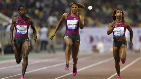 Blessing Okagbare's Late Surge Was Insufficient to Halt Shelly-Ann Fraser-Pryce from Claiming First Place at the Doha Diamond League Meet. Image Credit: Hasse Sjogren for Diamond League.