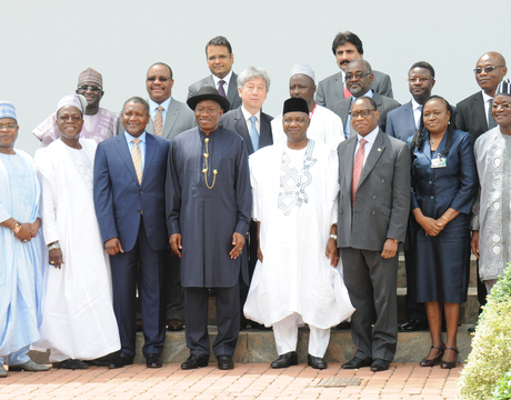 PRESIDENT GOODLUCK JONATHAN (6TH-L); VICE PRESIDENT NAMADI SAMBO (6TH-R) AND MEMBERS OF THE PRESIDENTIAL ADVISORY COMMITTEE ON NIGERIA INDUSTRIAL REVOLUTION PLAN AFTER THEIR INAUGURATION IN ABUJA ON MONDAY (12/5/14).