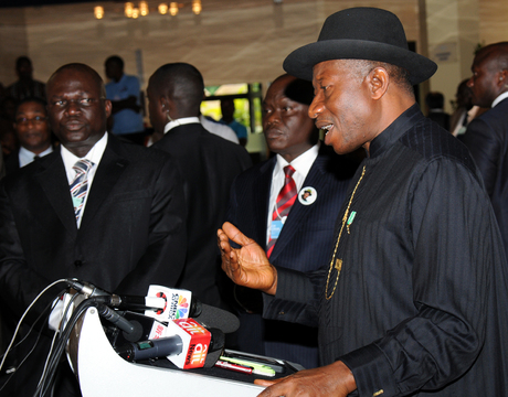 PRESIDENT GOOLUCK JONATHAN, ADDRESSING JOURNALISTS AFTER THE WORLD ECONOMIC FORUM ON AFRICA IN ABUJA ON FRIDAY (9/5/14).