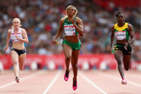 Blessing Okagbare Powers Ahead of Jamaica's Veronica Campbell-Brown and  Kerron Stewart in the Women's 100m  of the 2014 Commonwealth Games. Image: The BBC via Getty Image.