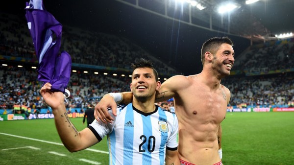Sergio Aguero and Team-Mate Mariano Andujar Celebrate Argentina's Win Over  Holland.