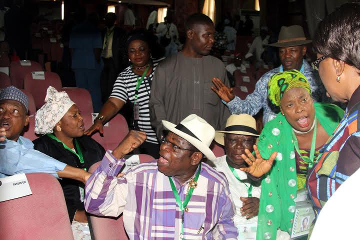 DELEGATES DURING THE HEATED DEBATE ON THE CONTROVERSIAL REVENUE SHARING FORMULA AT THE NATIONAL CONFERENCE IN ABUJA THURSDAY