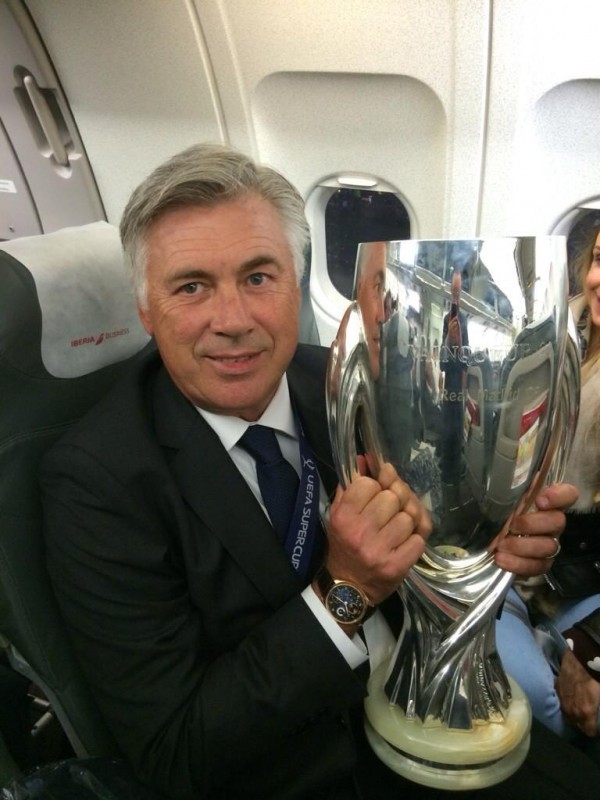 Carlo Ancelotti Lays His Hands on His Third Uefa Super Cup Trophy as a Club Manager.