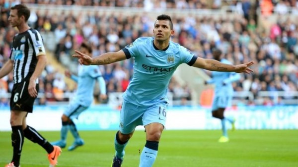 Sergio Aguero Celebrates His Goal Against Newcastle in the Opening Weekend of the EPL.
