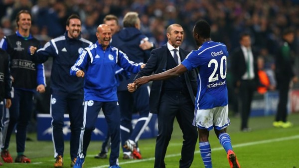 Chinedu Obasi and Roberto Di Matteo Celebrates Equaliser Against Sporting Lisbon. Image: AFP/Getty. 