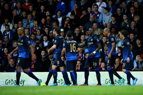 Sergio Aguero Celebrates His Goal at Aston Villa. Image: Getty.