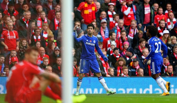 Diego Costa Celebrates His Tenth Goal in Nine League Matches at Anfield. Image: Getty. 