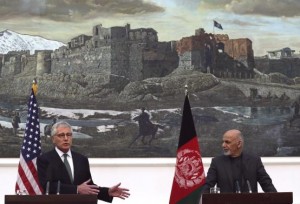 U.S. Secretary of Defense Chuck Hagel speaks during a joint news conference with Afghanistan's President Ashraf Ghani in Kabul