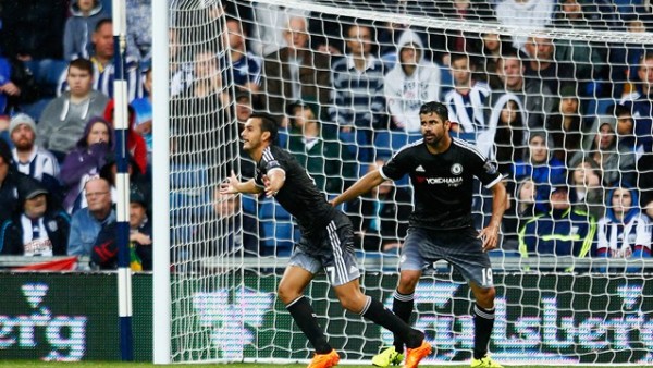 Pedro celebrates after Scoring His First Chelsea Goal at West Bromwich Albion. Image: Getty.