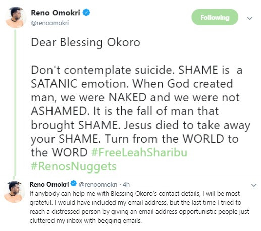 'Please do not end your life' - Reno Omokri pleads with lying relationship blogger