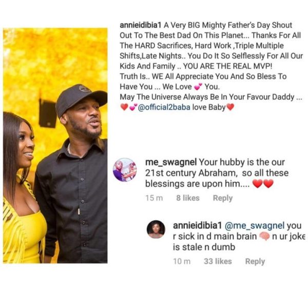 'You are sick in the main brain' - Annie Idibia drags troll who came for her husband