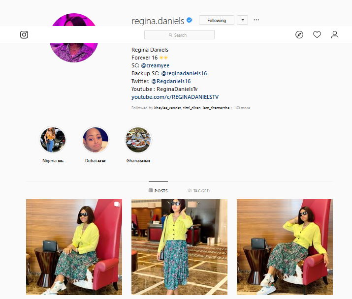 Regina Daniels Re-activates Her Instagram account