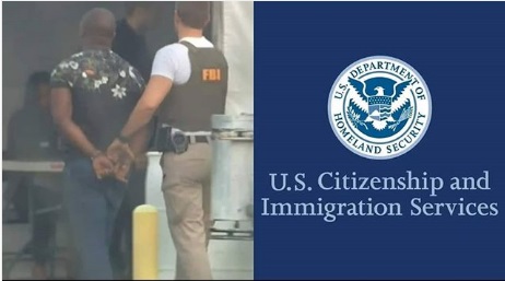 collage photo of FBI while arresting a man and US Immigration flag